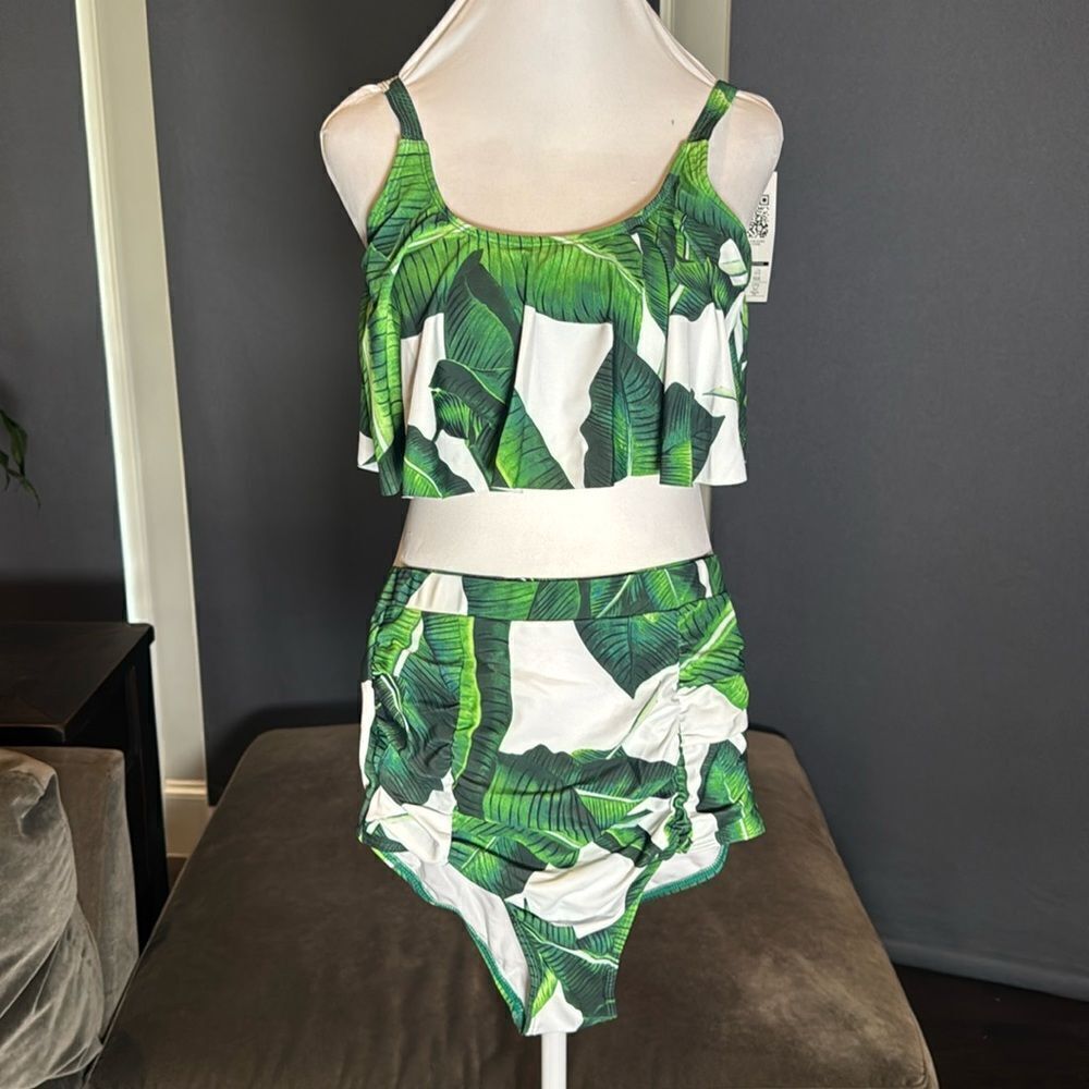 Women’s White & Green Bathers High Waisted 2 Piece Bikini Size S NWT